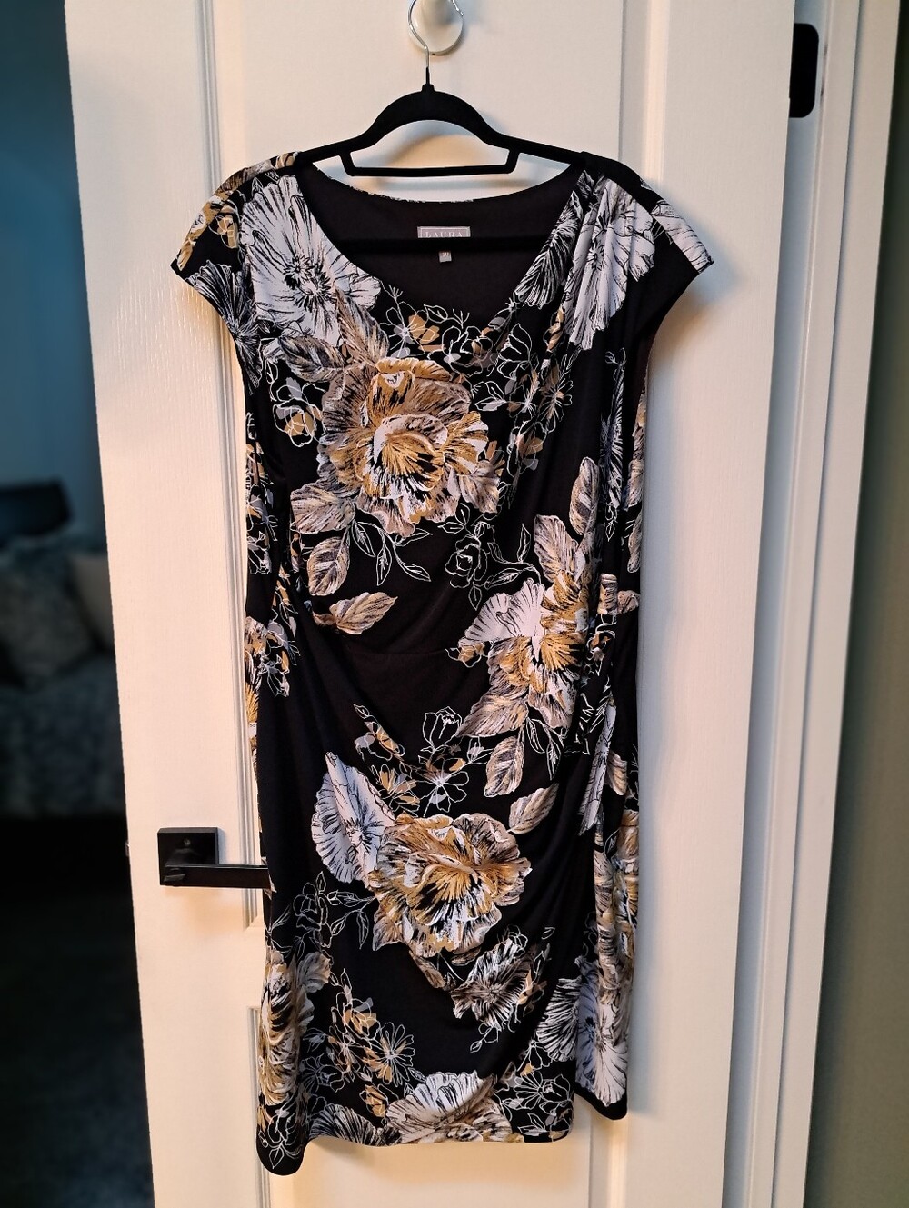 Laura Black Floral Midi Dress with Mustard and White Accents